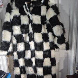 Black and White Checkered Faux Fur Coat